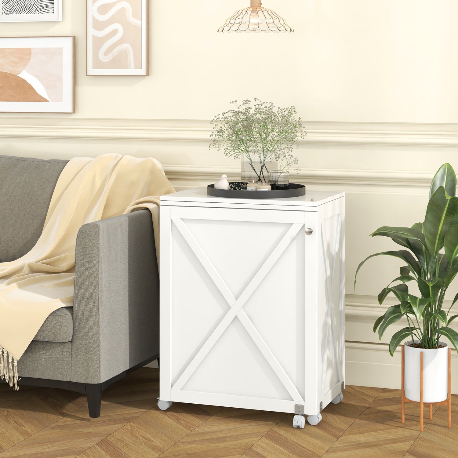 Folding Sewing Table with Storage Shelf and 5 Lockable Wheels