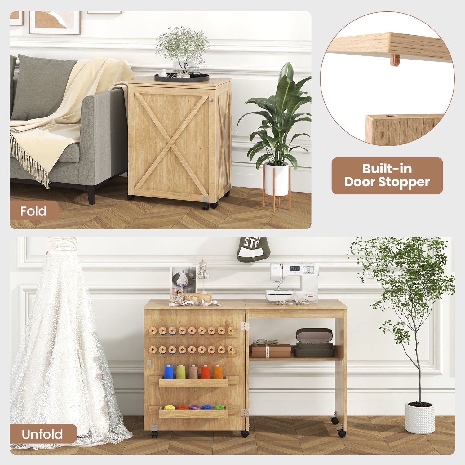 Folding Sewing Table with Storage Shelf and 5 Lockable Wheels