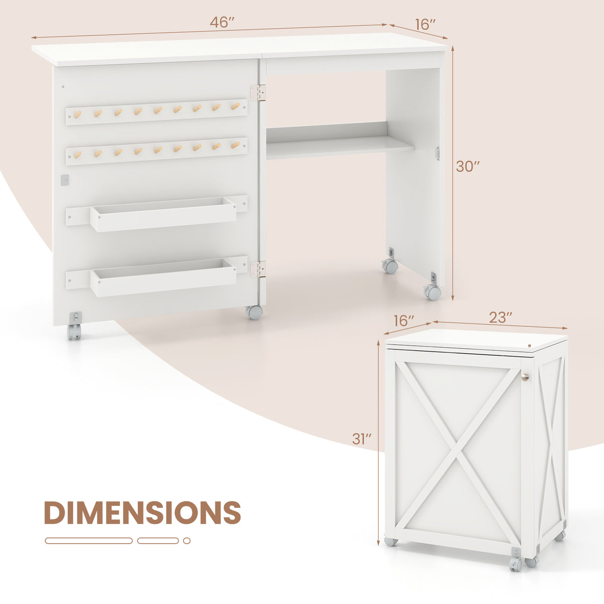 Folding Sewing Table with Storage Shelf and 5 Lockable Wheels