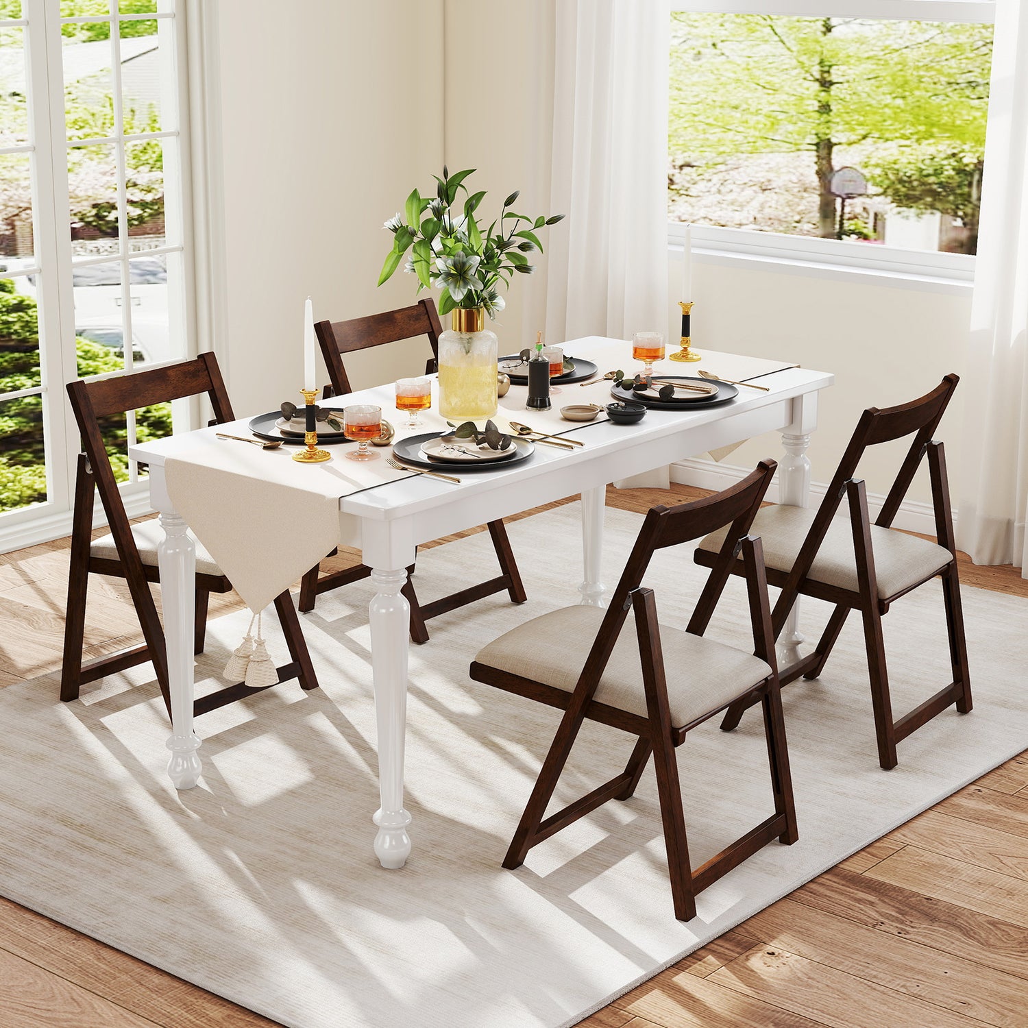 Folding Upholstered Dining Chair Set of 4 with Curved Backrest