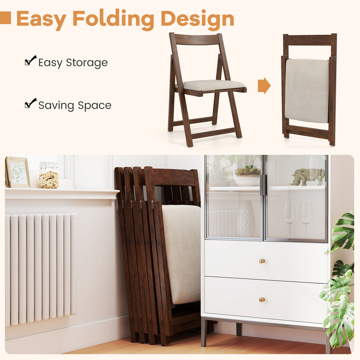 Folding Upholstered Dining Chair Set of 4 with Curved Backrest