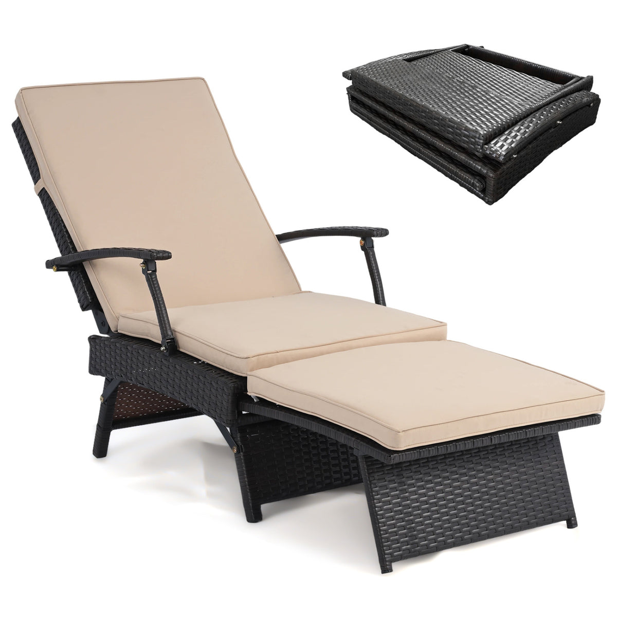 Folding Wicker Chaise Lounge with Slide-Out Ottoman11-Level Adjustable Backrest to Flat and Sun-Proof PE Rattan