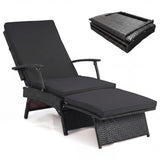 Folding Wicker Chaise Lounge with Slide-Out Ottoman11-Level Adjustable Backrest to Flat and Sun-Proof PE Rattan