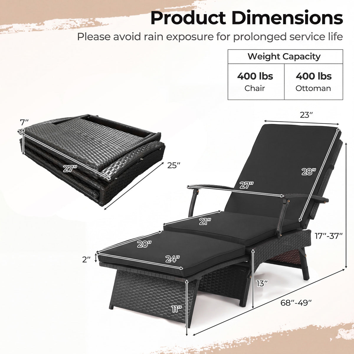 Folding Wicker Chaise Lounge with Slide-Out Ottoman11-Level Adjustable Backrest to Flat and Sun-Proof PE Rattan