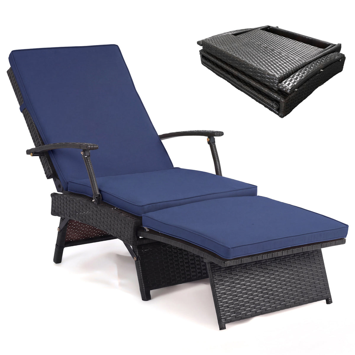 Folding Wicker Chaise Lounge with Slide-Out Ottoman11-Level Adjustable Backrest to Flat and Sun-Proof PE Rattan