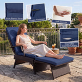 Folding Wicker Chaise Lounge with Slide-Out Ottoman11-Level Adjustable Backrest to Flat and Sun-Proof PE Rattan