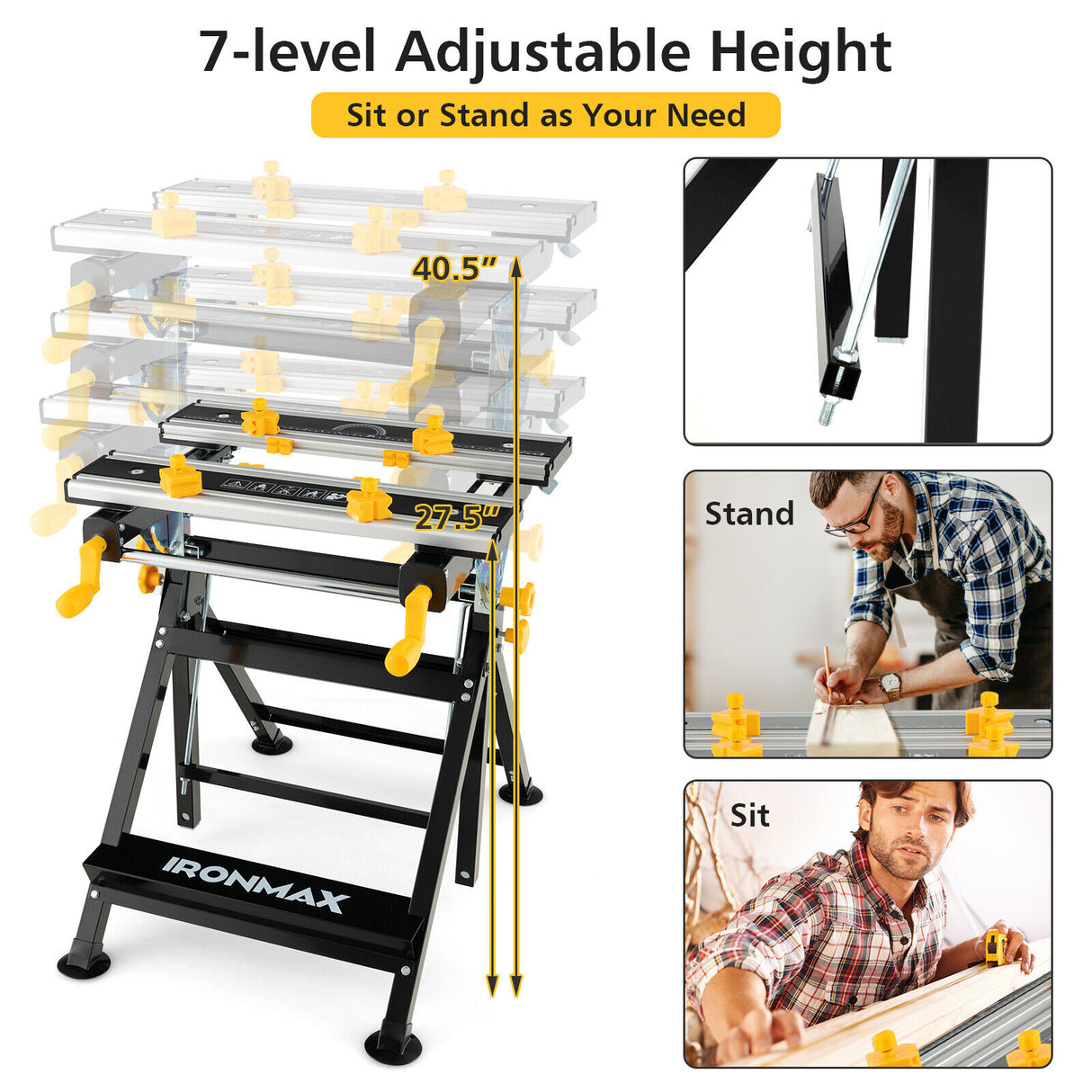 Folding Work Table with Tiltable Platform and 7-level Adjustable Height-Black