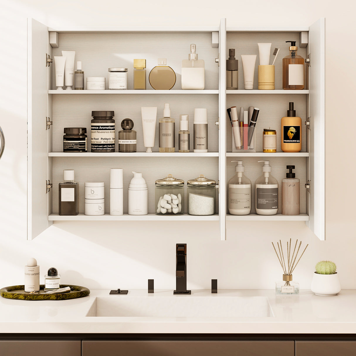 Frameless Bathroom Wall Mounted Mirror Cabinet with 3 Doors and Adjustable Shelves