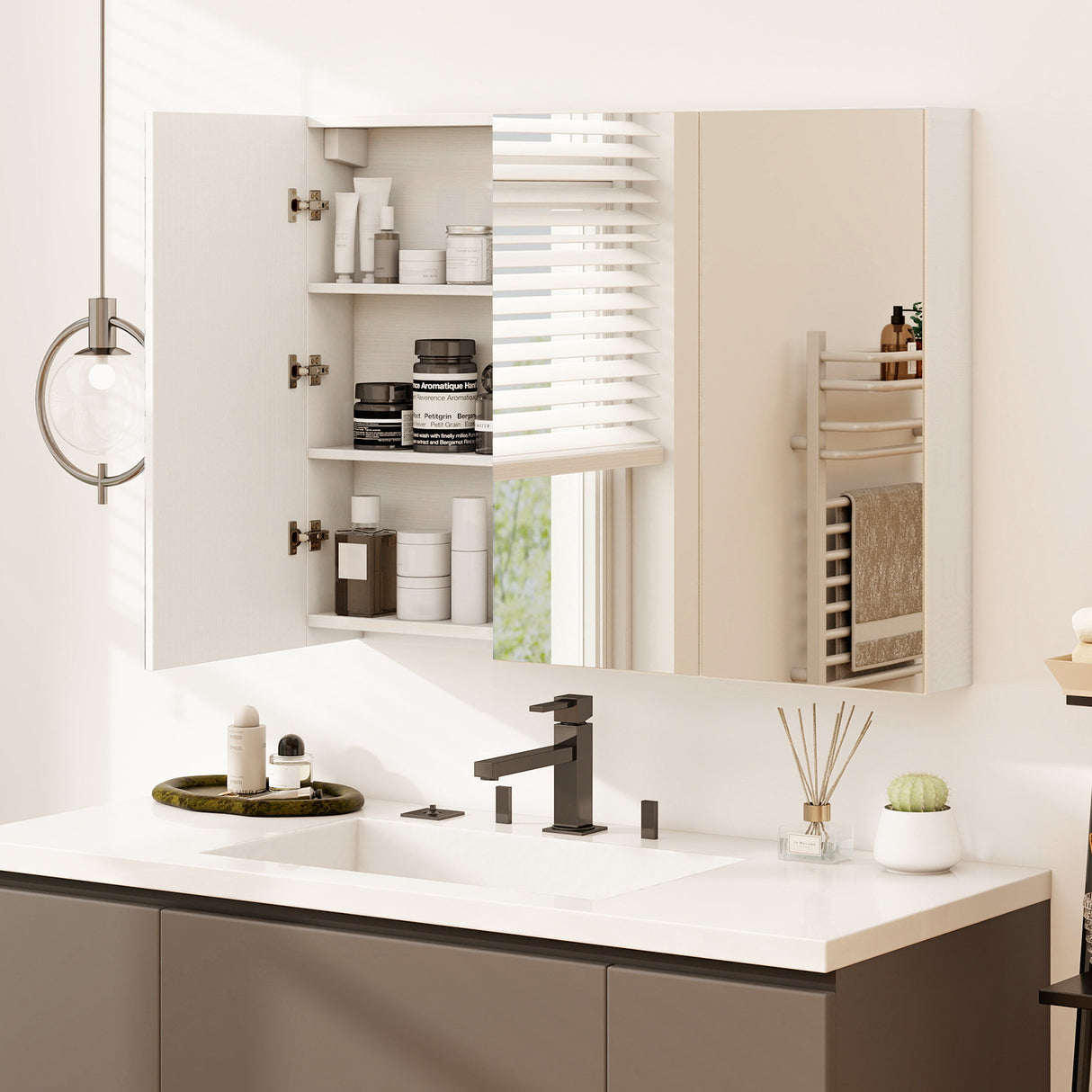 Frameless Bathroom Wall Mounted Mirror Cabinet with 3 Doors and Adjustable Shelves