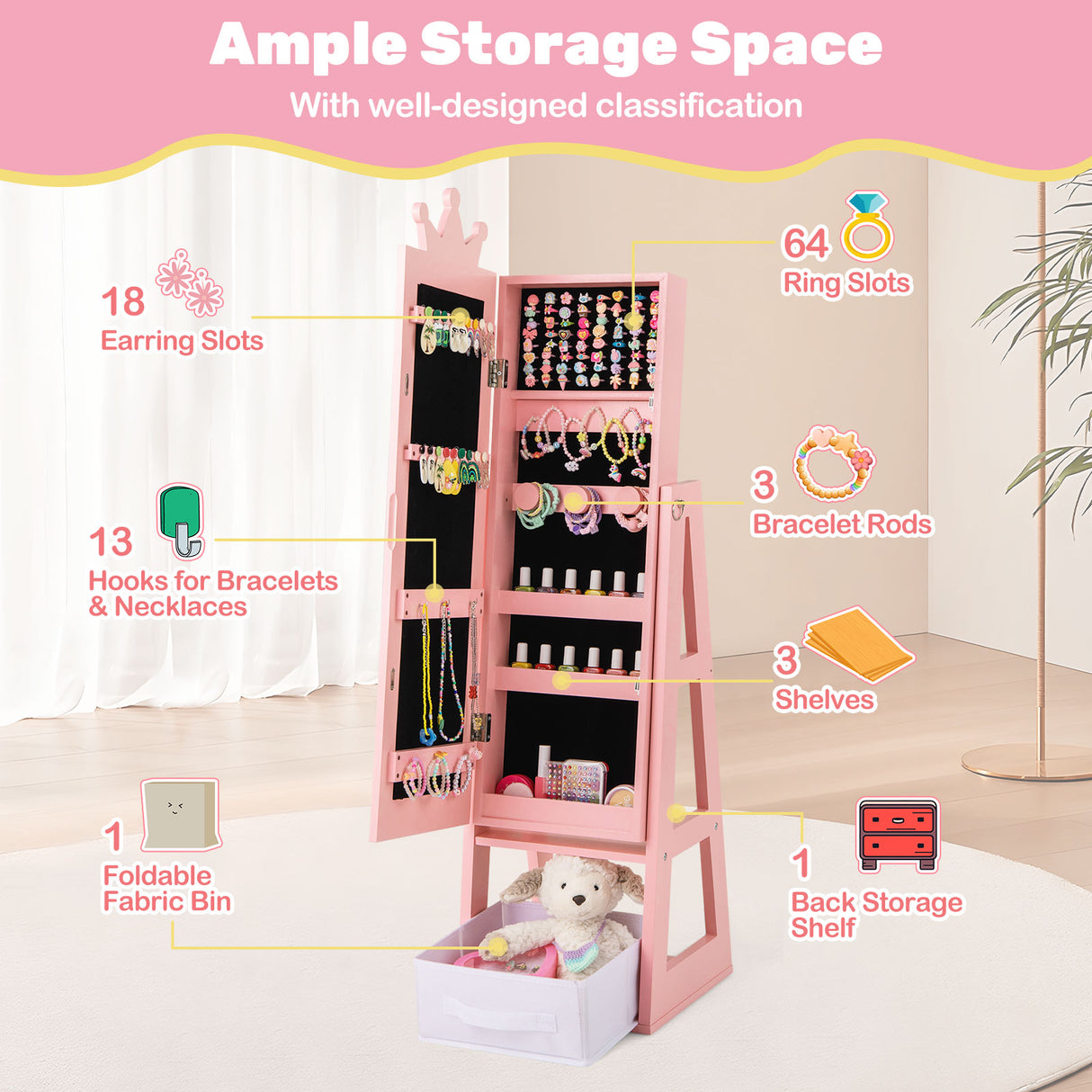 Free-Standing Full Length Kids Jewelry Armoire Cabinet with Storage Capacity