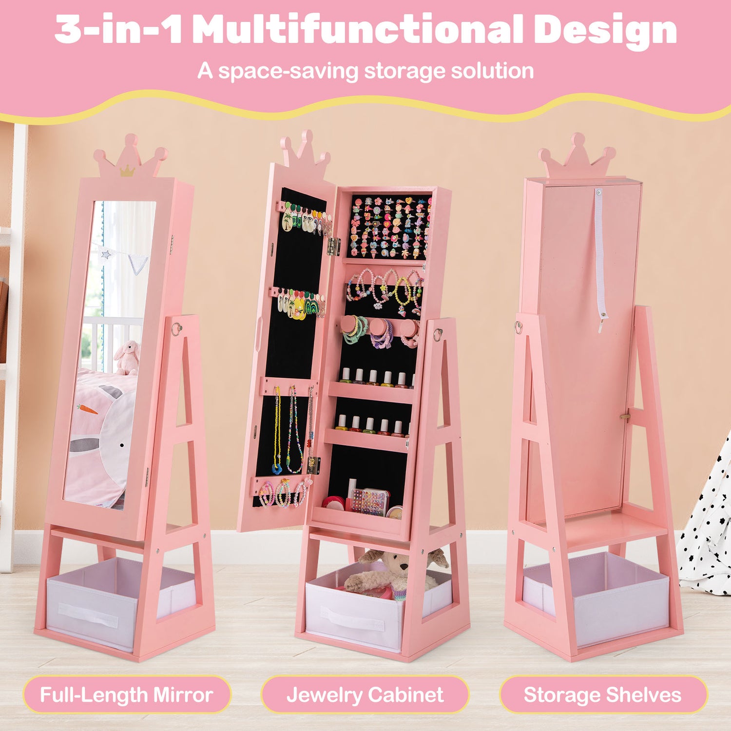Free-Standing Full Length Kids Jewelry Armoire Cabinet with Storage Capacity
