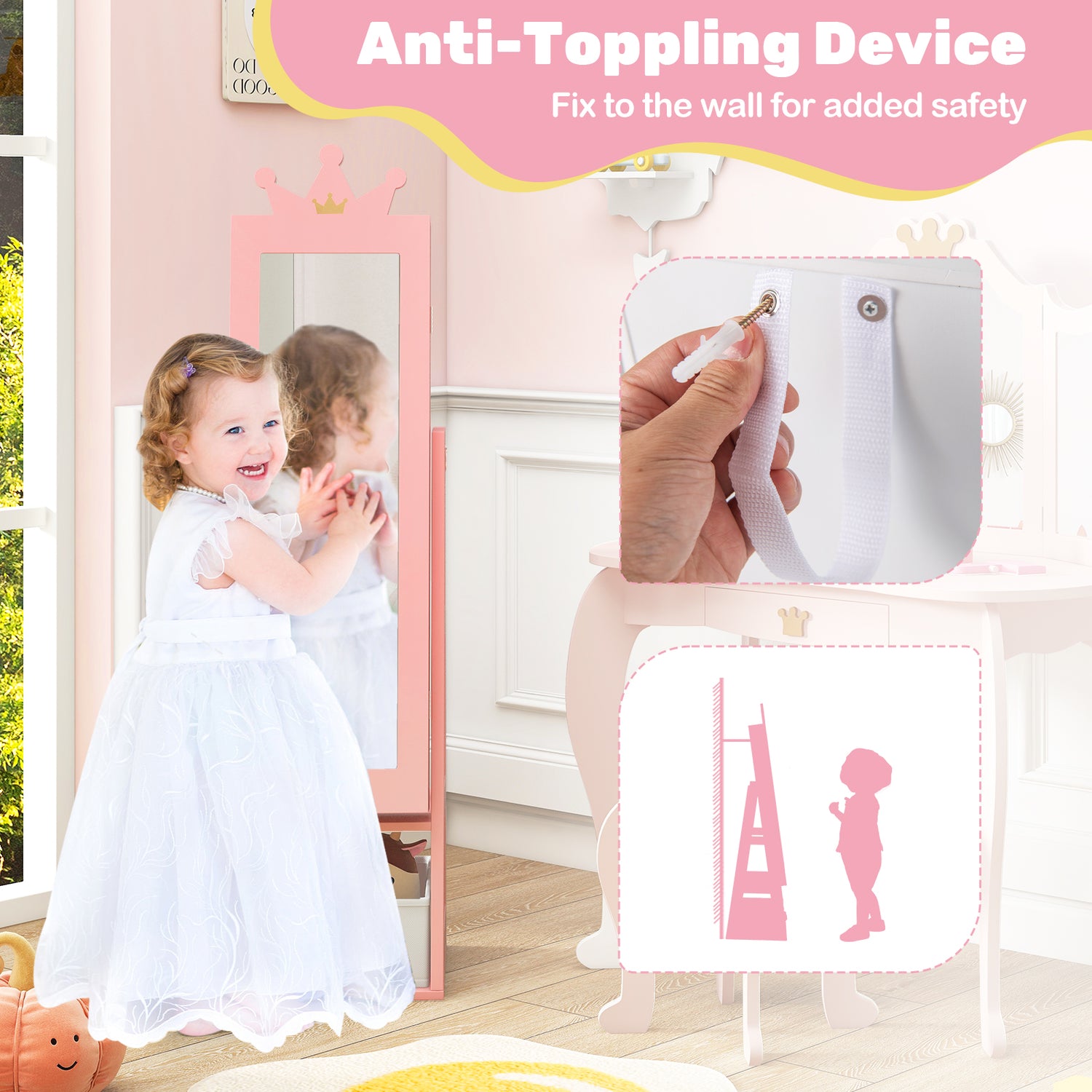 Free-Standing Full Length Kids Jewelry Armoire Cabinet with Storage Capacity