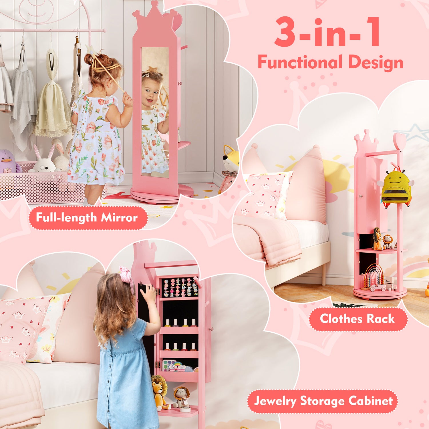 Free-Standing Full Length Mirror Kids Jewelry Armoire Cabinet