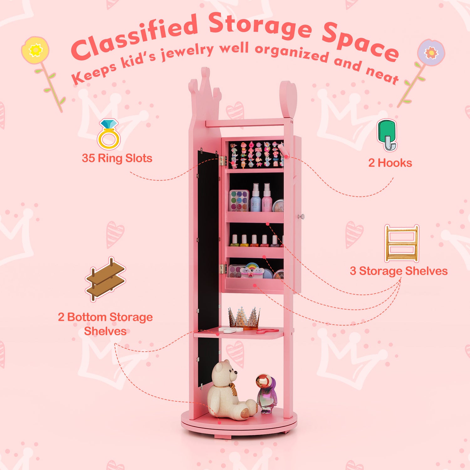 Free-Standing Full Length Mirror Kids Jewelry Armoire Cabinet