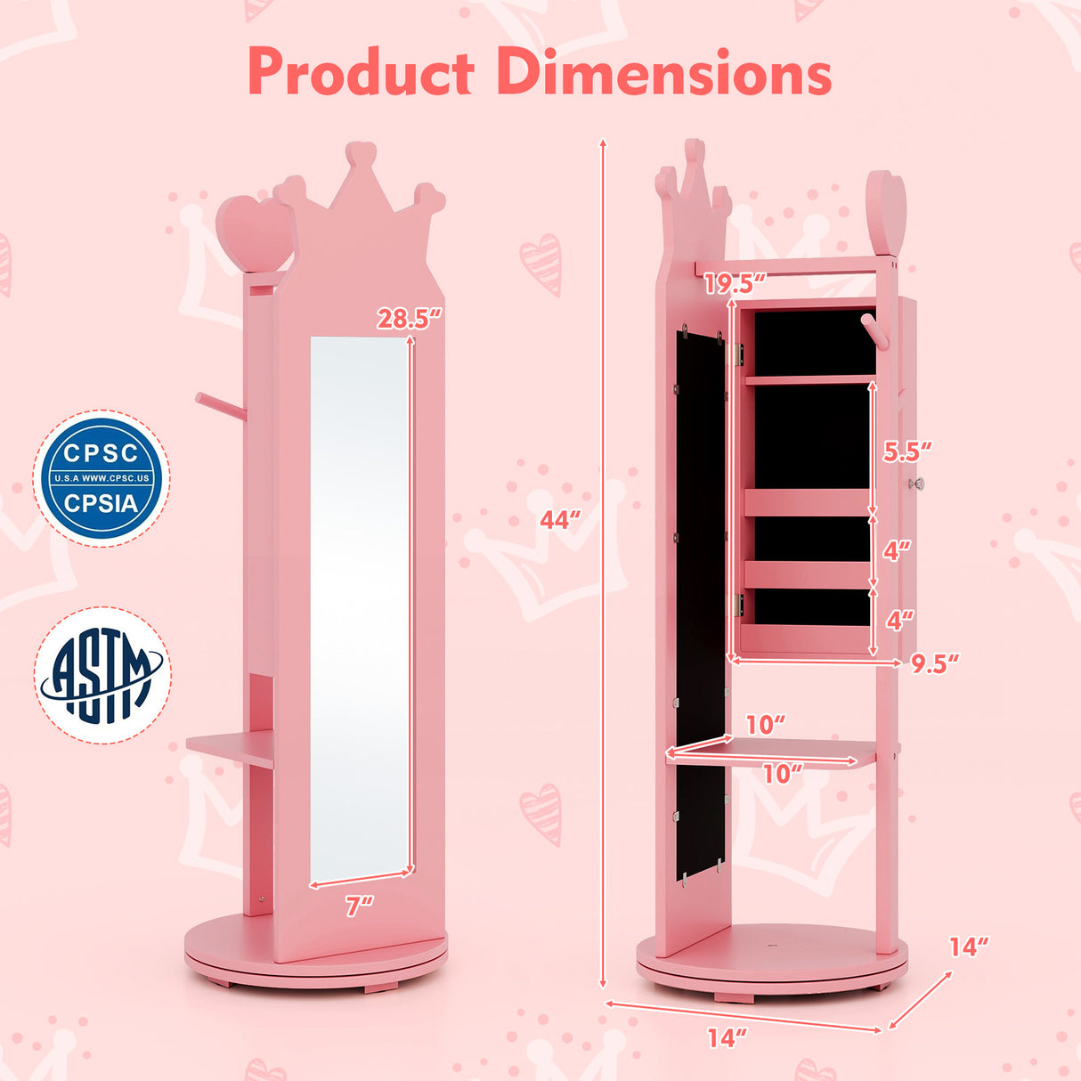 Free-Standing Full Length Mirror Kids Jewelry Armoire Cabinet