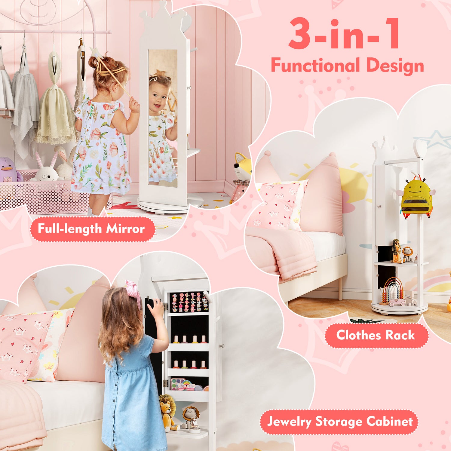 Free-Standing Full Length Mirror Kids Jewelry Armoire Cabinet