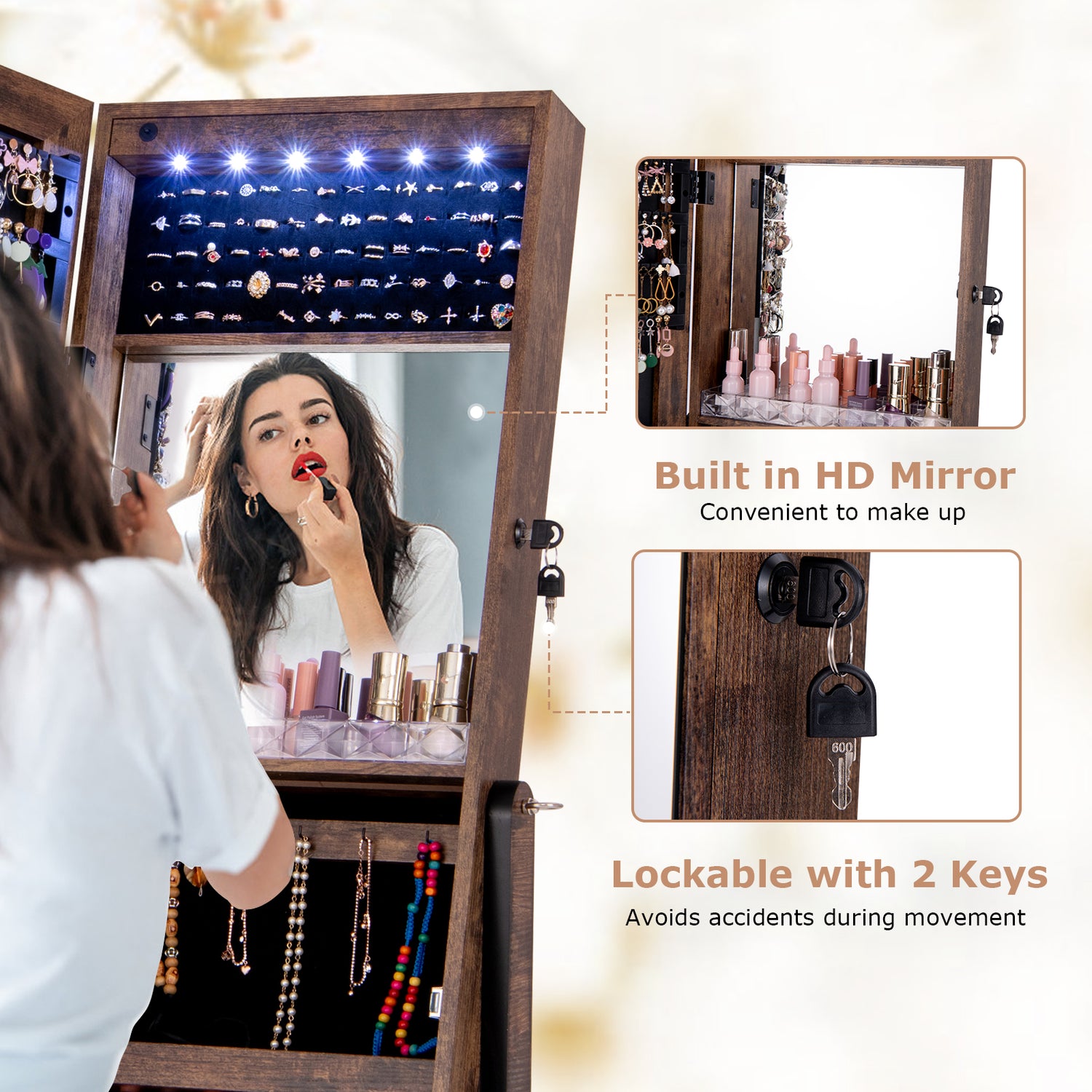 Free Standing Full Length Jewelry Armoire with Lights