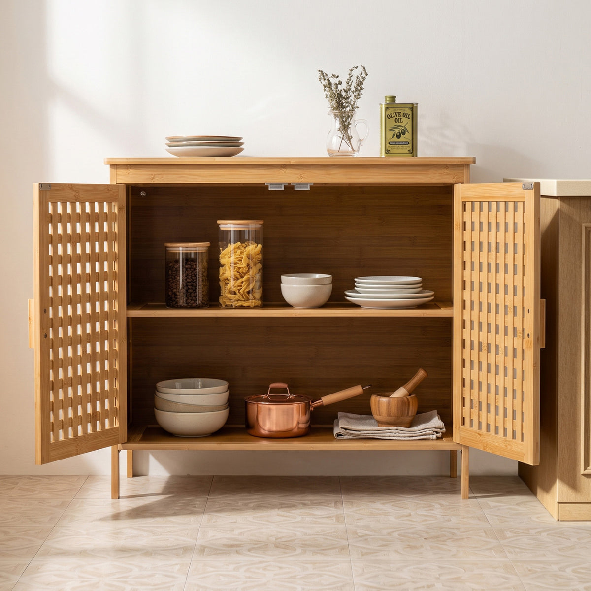 Freestanding Bamboo Bathroom Storage Cabinet with Wide Top and 2 Doors-Natural