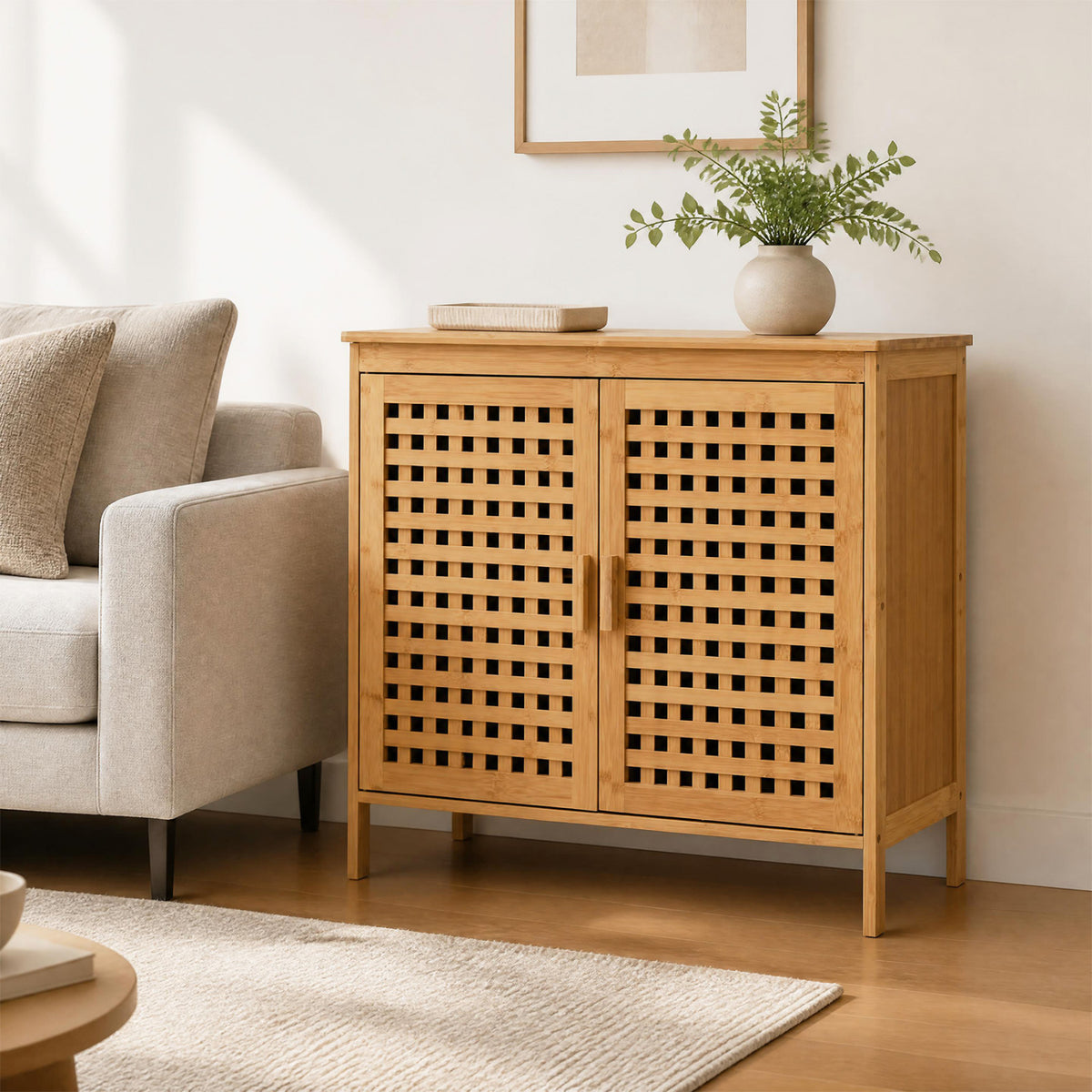 Freestanding Bamboo Bathroom Storage Cabinet with Wide Top and 2 Doors-Natural