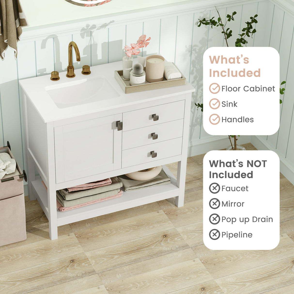 Freestanding Bathroom Vanity Unit with Basin Floor Storage Cabinet-White