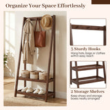 Freestanding Clothes Rack with 3 Hooks and 2 Shelves-Walnut