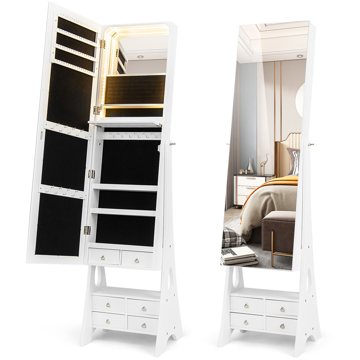 Freestanding Full Length LED Mirrored Jewelry Armoire with 6 Drawers