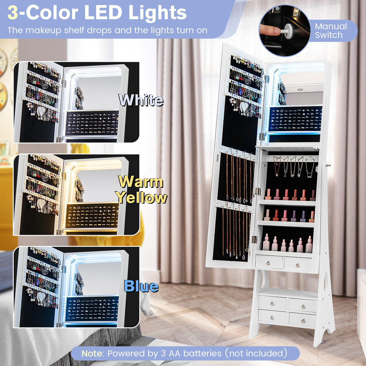 Freestanding Full Length LED Mirrored Jewelry Armoire with 6 Drawers