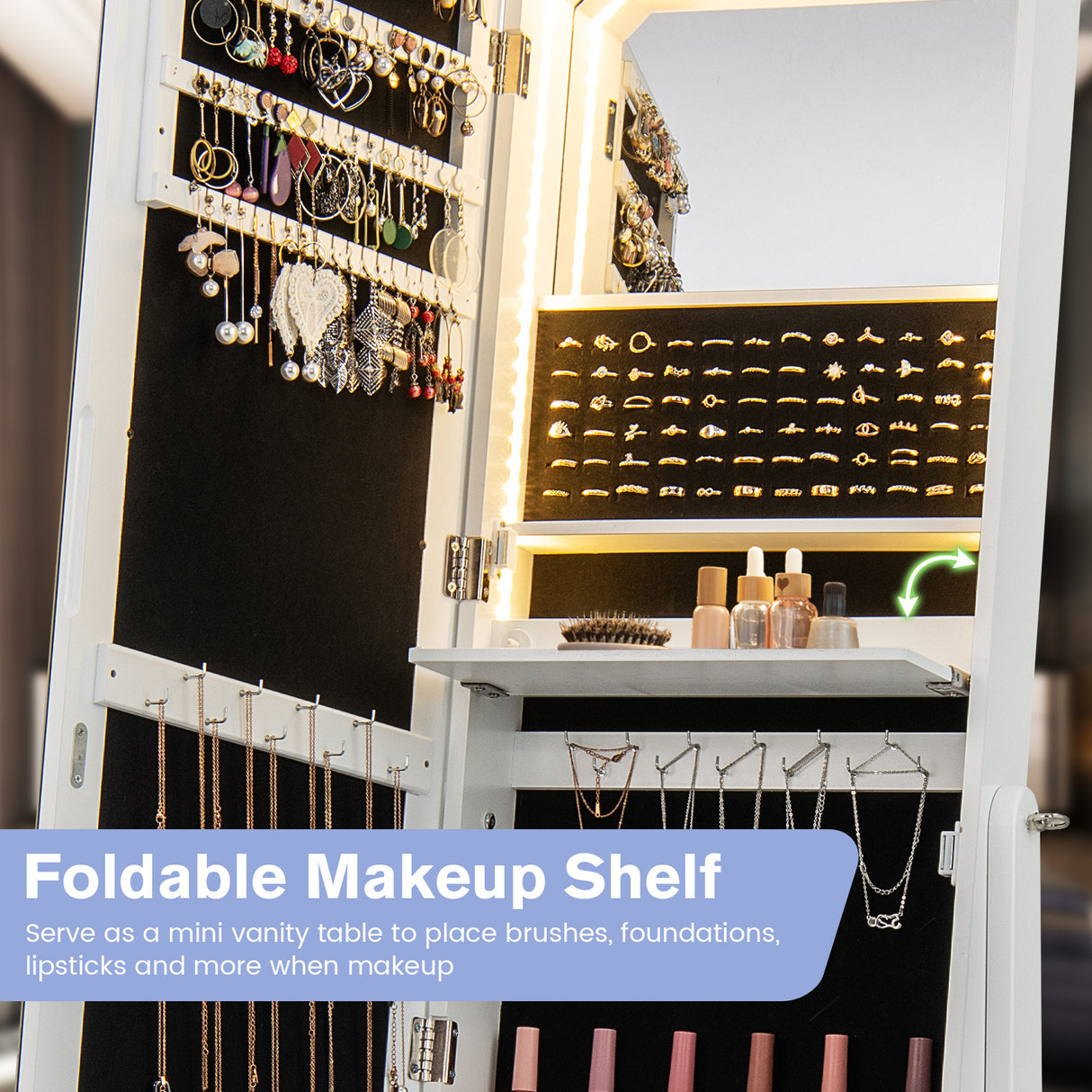 Freestanding Full Length LED Mirrored Jewelry Armoire with 6 Drawers