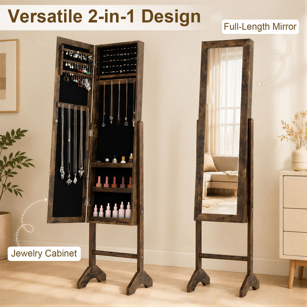 Freestanding Jewelry Armoire with Velvet Lining and Full Length Mirror