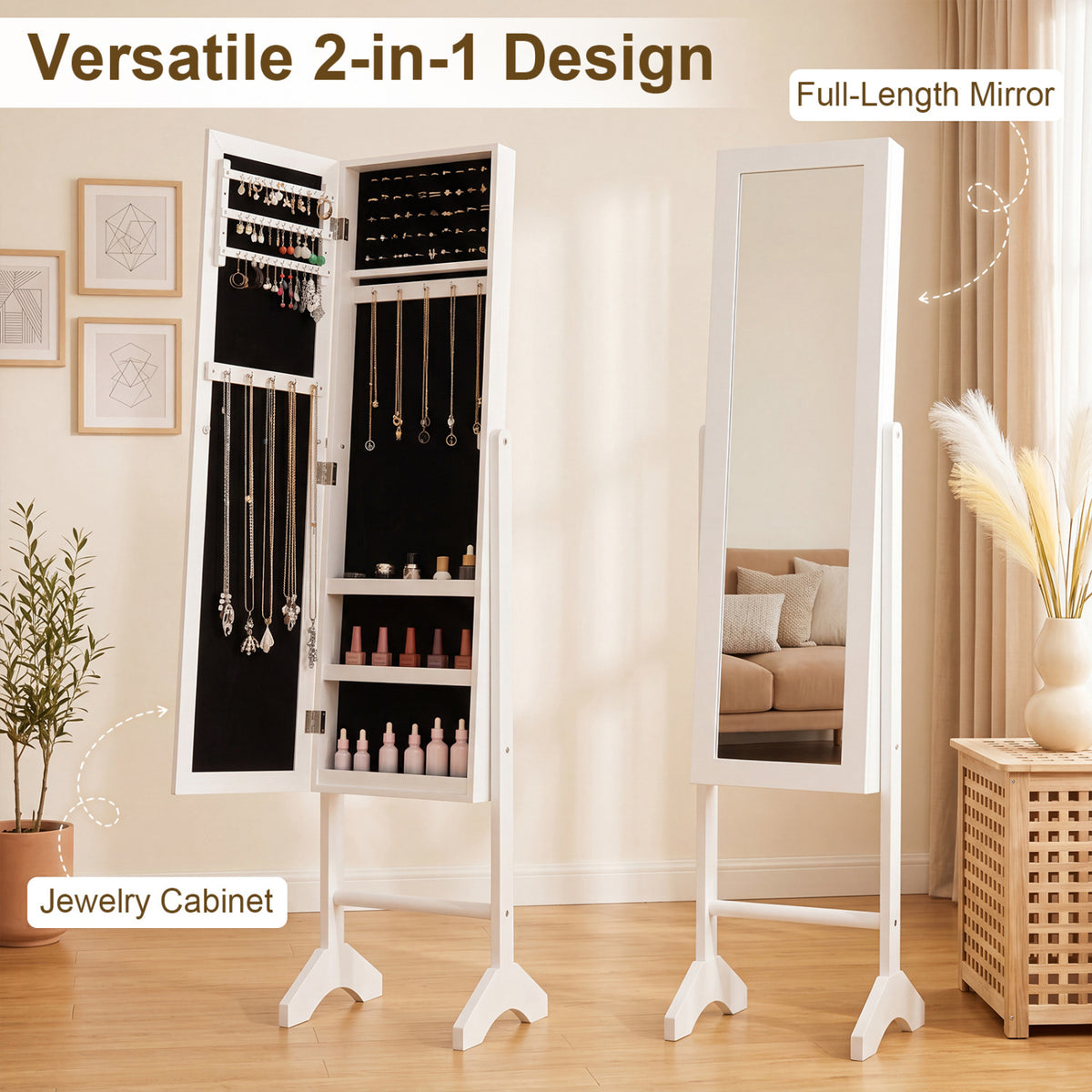 Freestanding Jewelry Armoire with Velvet Lining and Full Length Mirror