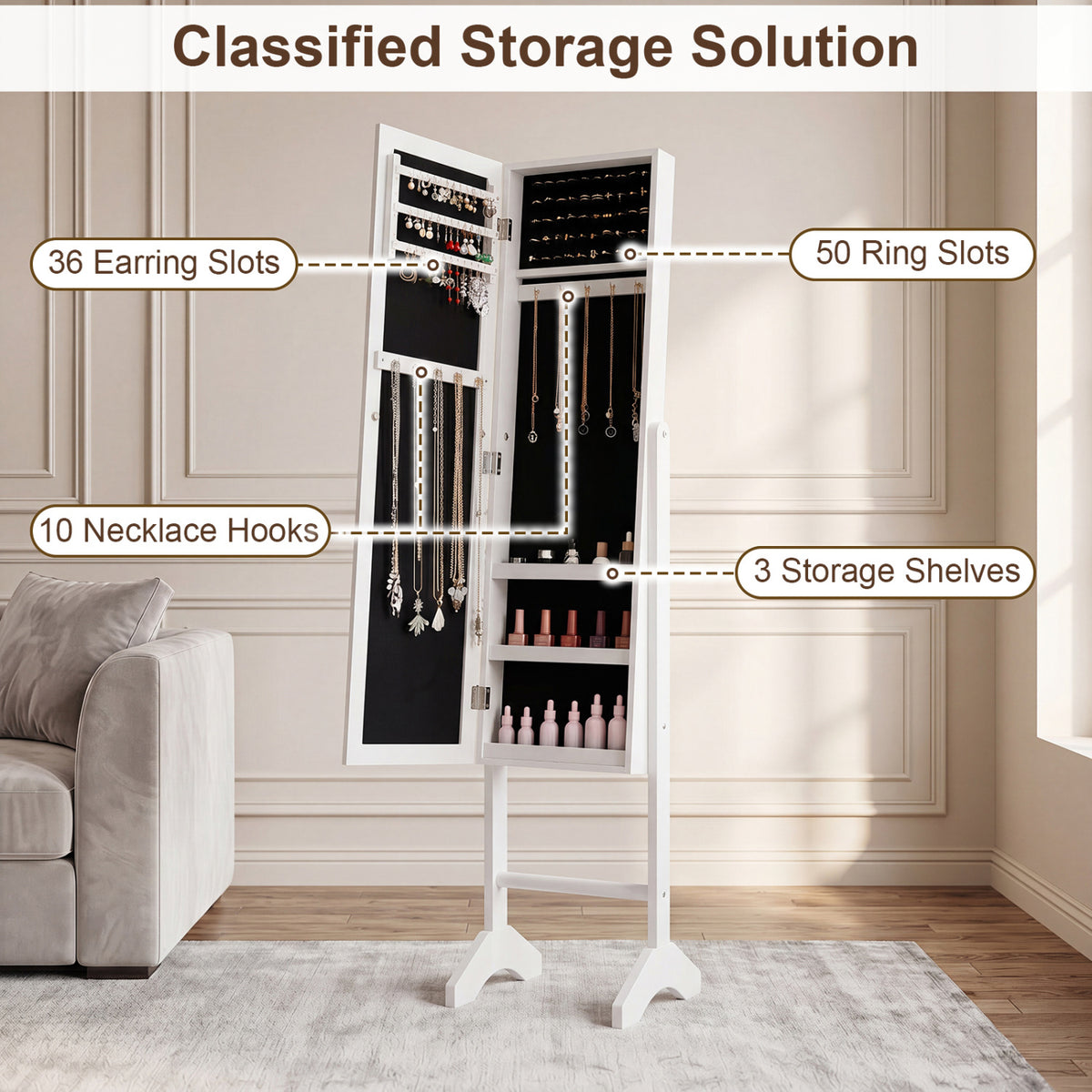 Freestanding Jewelry Armoire with Velvet Lining and Full Length Mirror