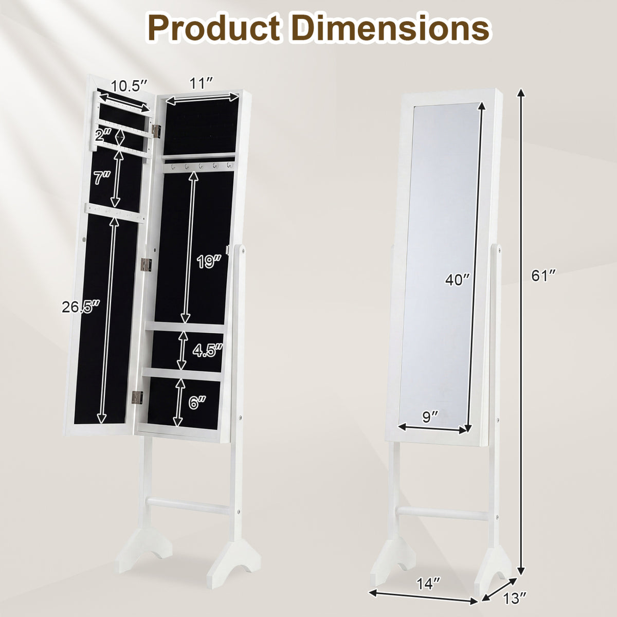 Freestanding Jewelry Armoire with Velvet Lining and Full Length Mirror