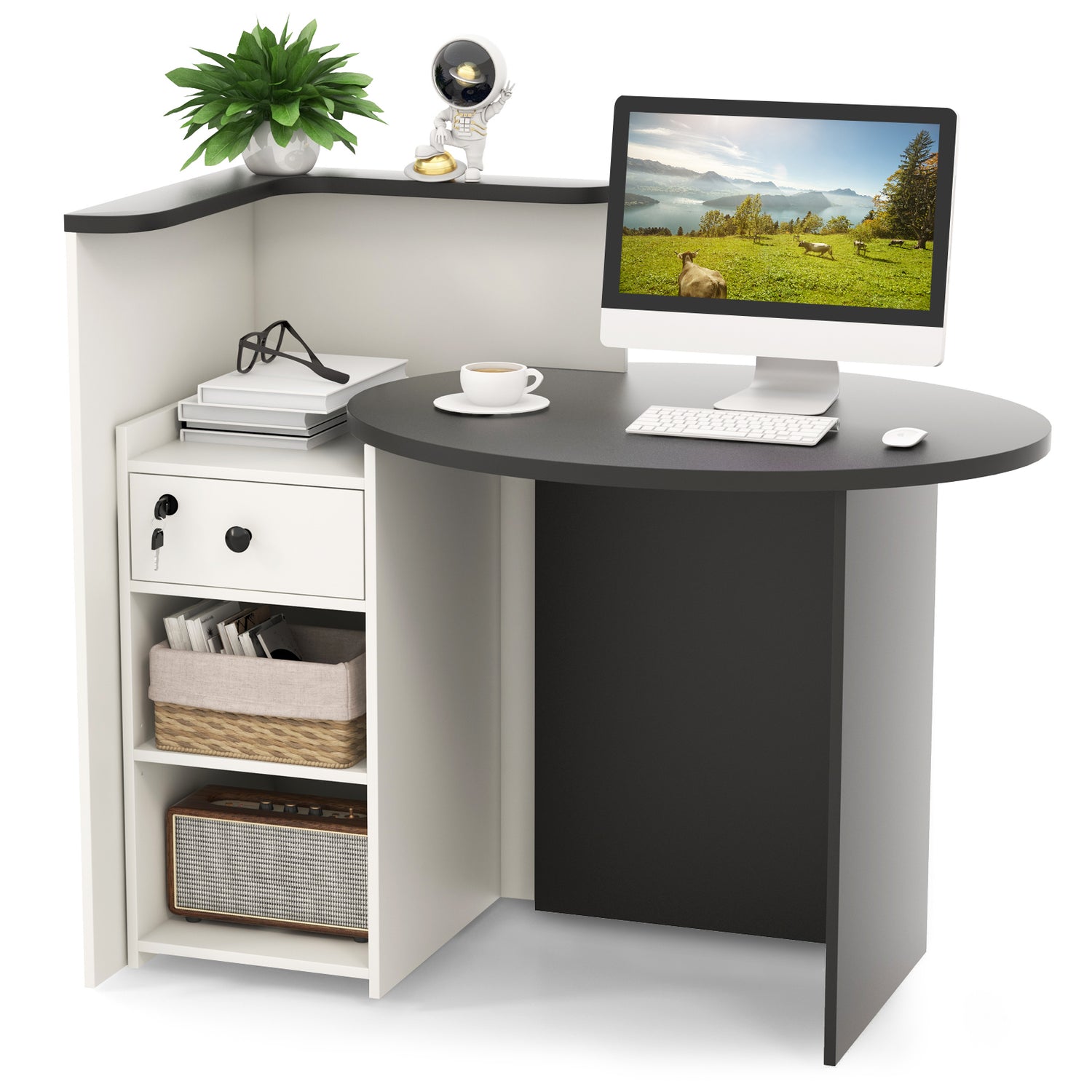 Front Reception Office Desk with Open Shelf and Lockable Drawer