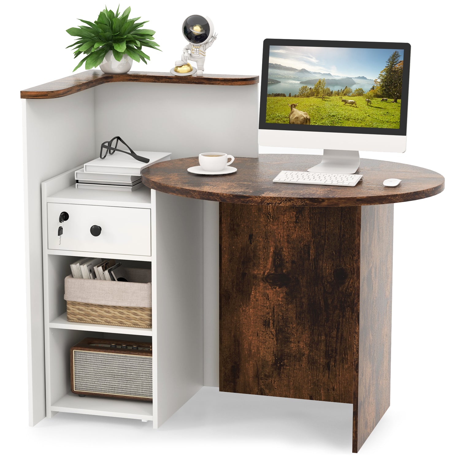 Front Reception Office Desk with Open Shelf and Lockable Drawer