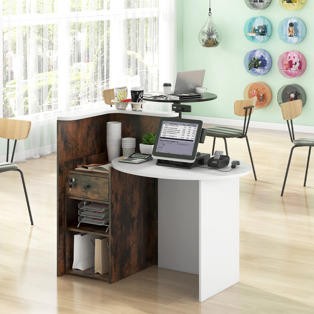 Front Reception Office Desk with Open Shelf and Lockable Drawer