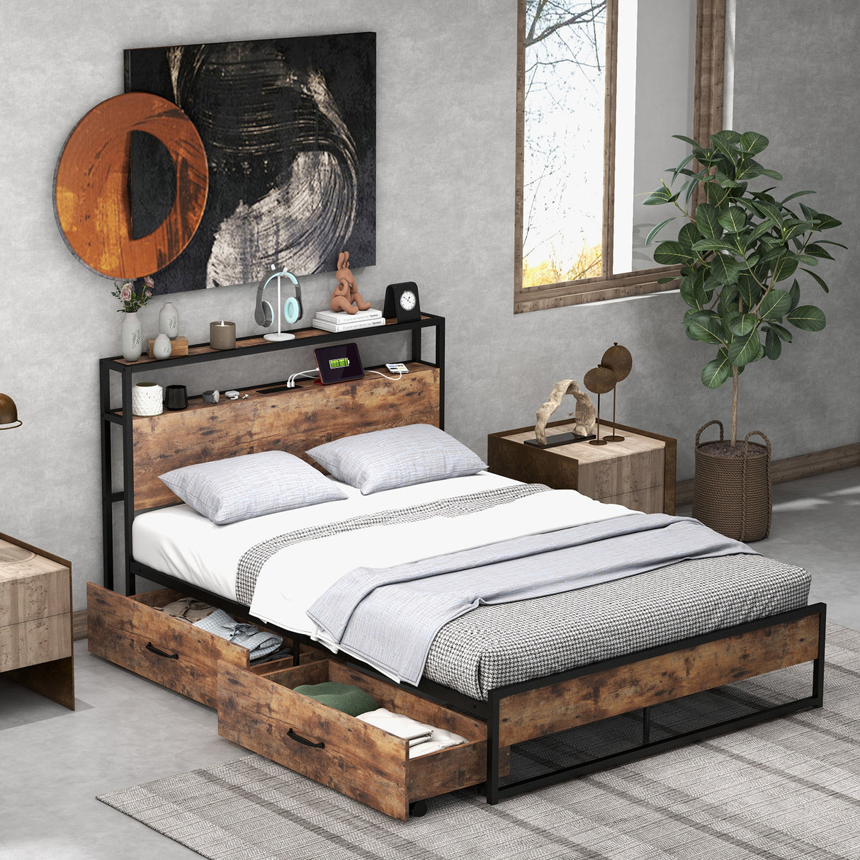 Full/Queen Bed Frame with 2-Tier Storage Headboard and Charging Station