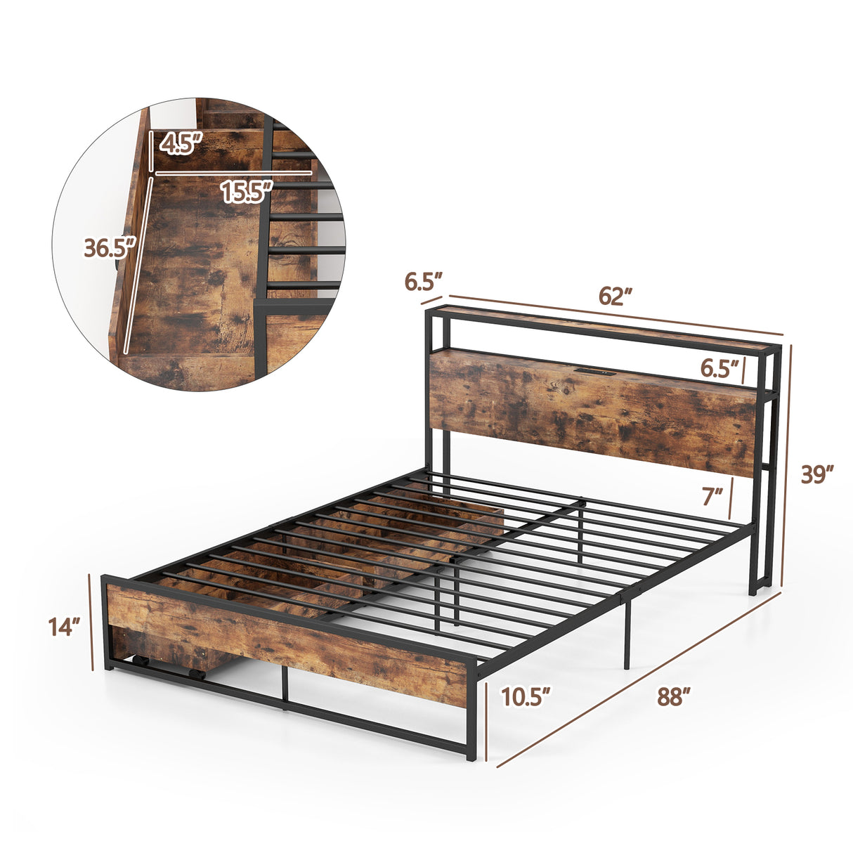 Full/Queen Bed Frame with 2-Tier Storage Headboard and Charging Station