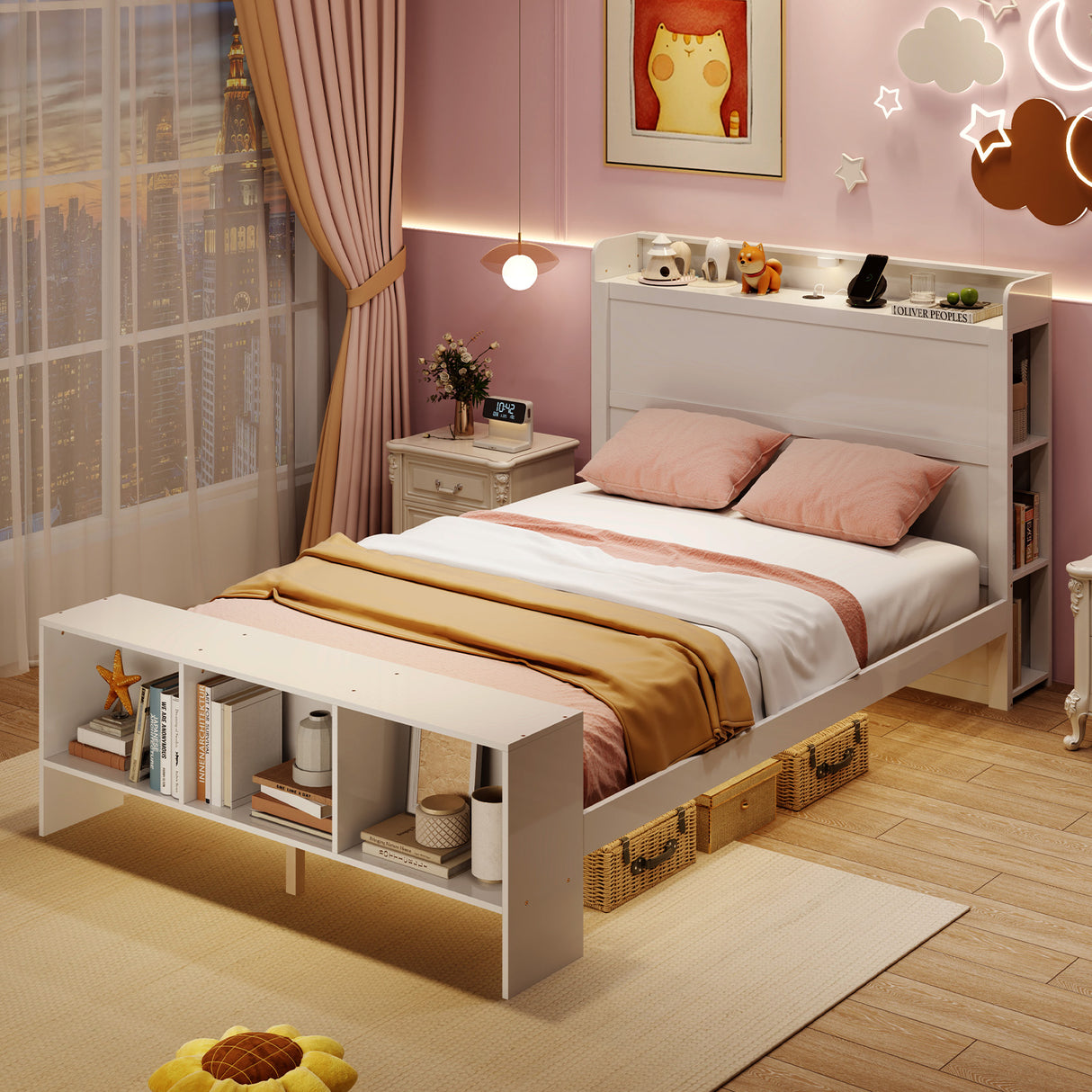 Twin Size Bed Frame with 2 USB Ports with Storage Headboard and Lights