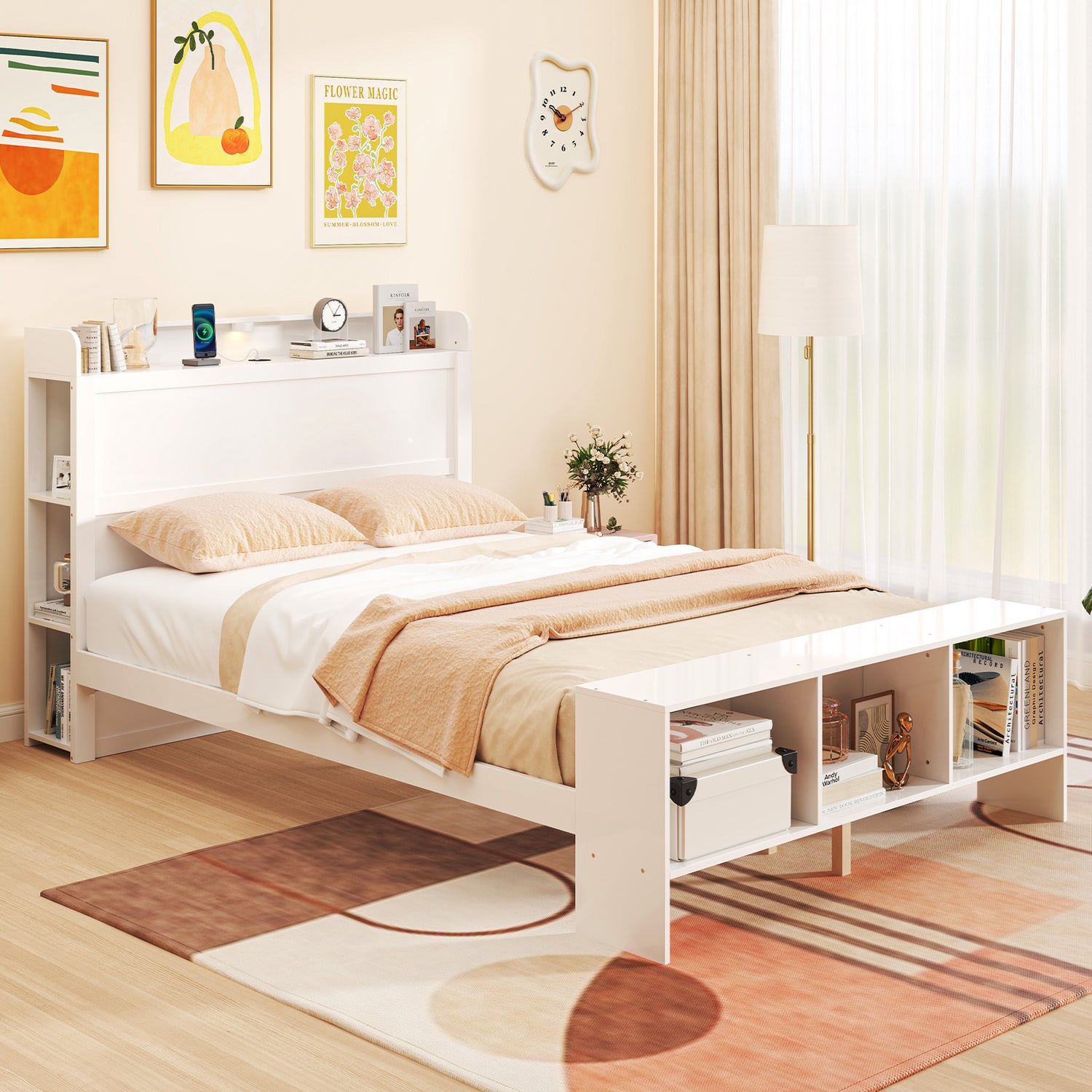 Twin Size Bed Frame with 2 USB Ports with Storage Headboard and Lights