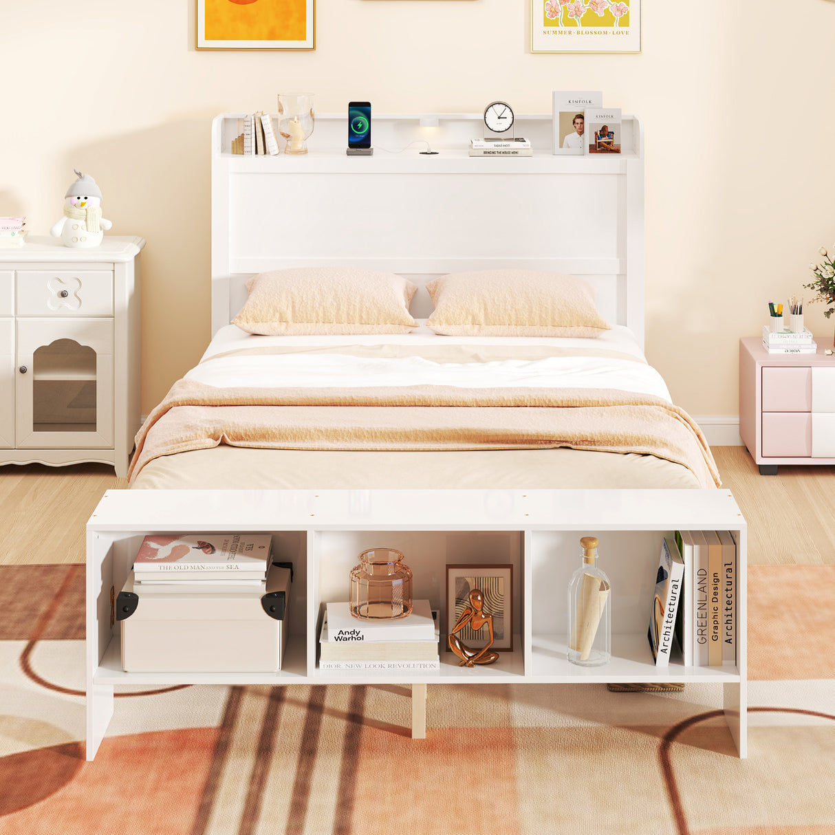 Twin Size Bed Frame with 2 USB Ports with Storage Headboard and Lights