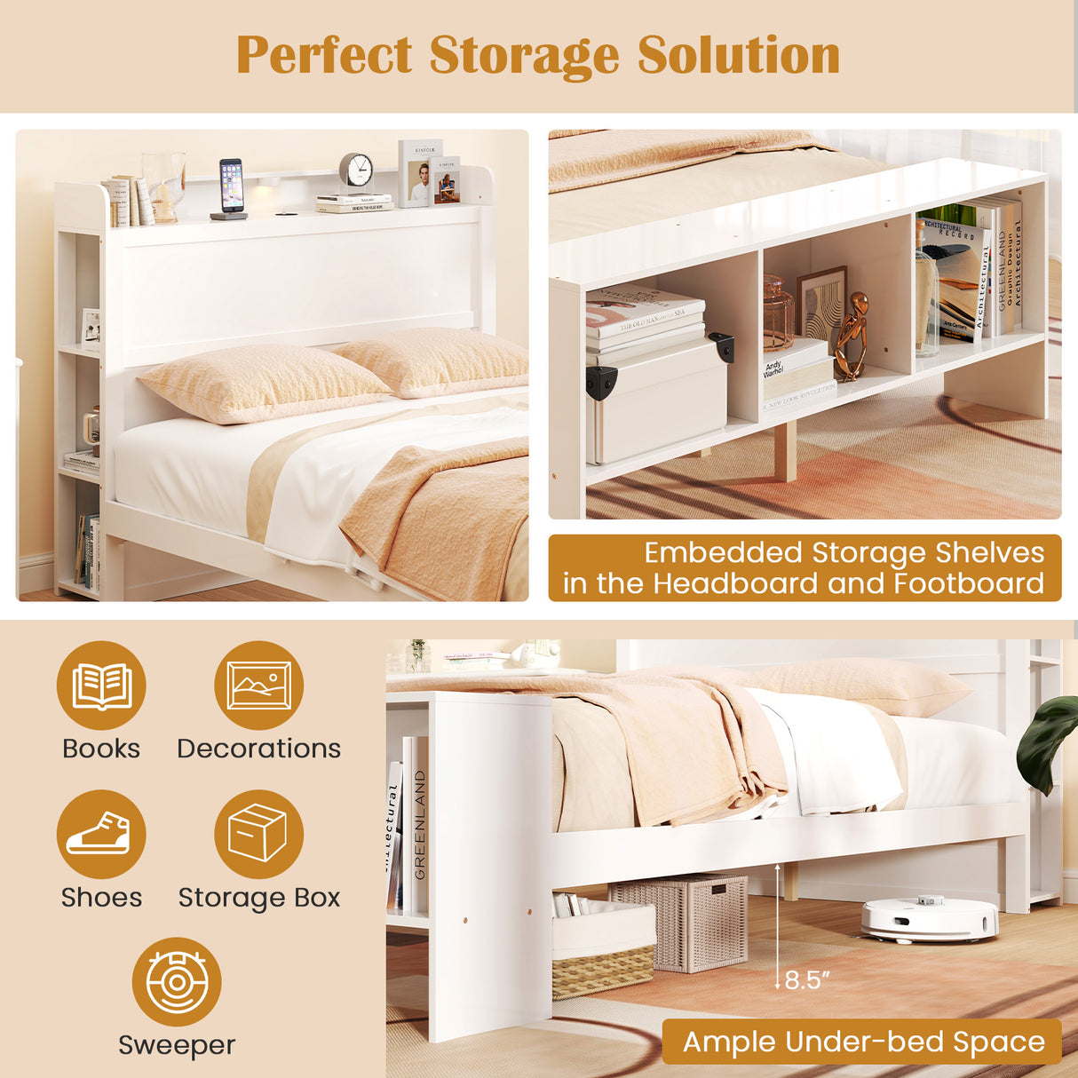 Twin Size Bed Frame with 2 USB Ports with Storage Headboard and Lights