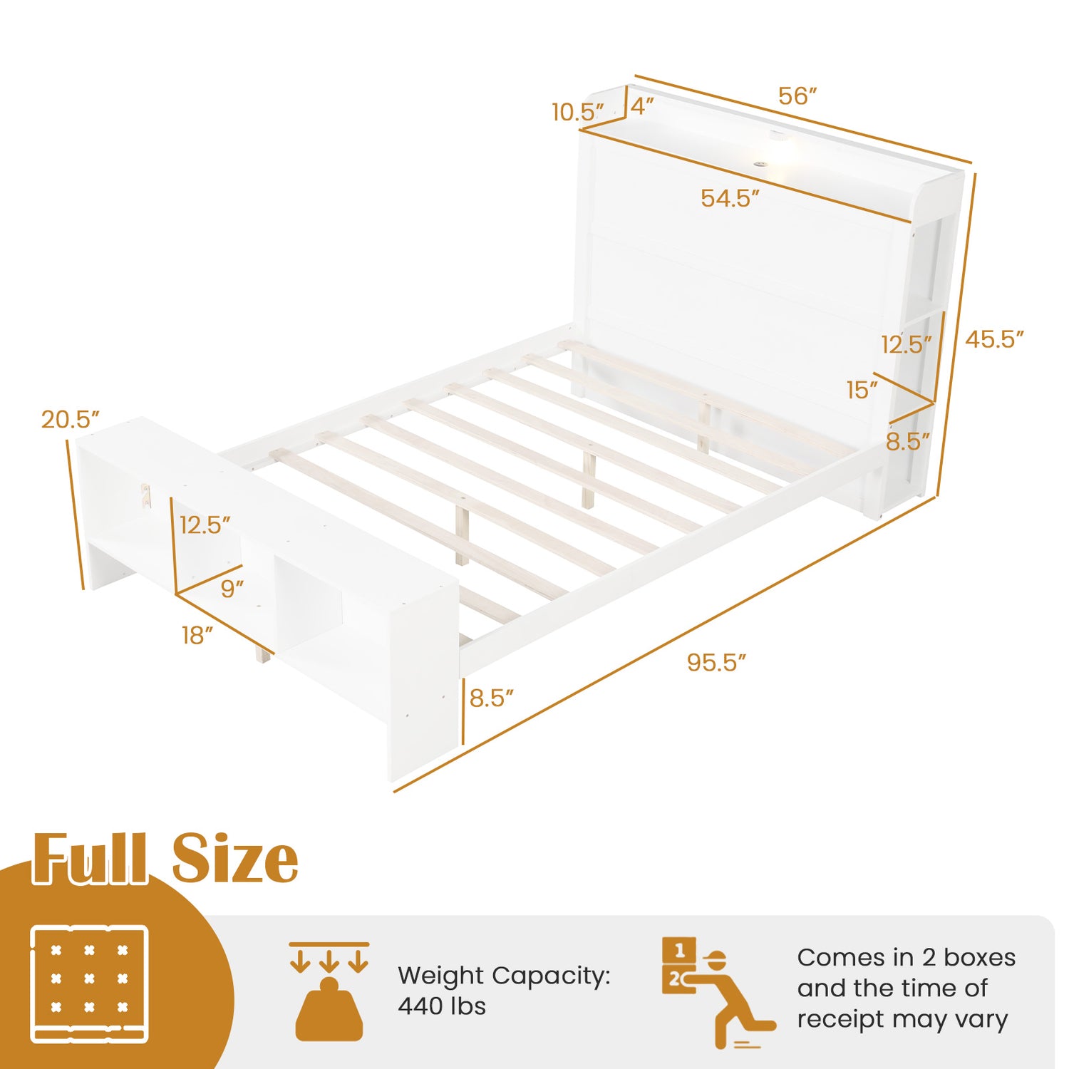 Twin Size Bed Frame with 2 USB Ports with Storage Headboard and Lights