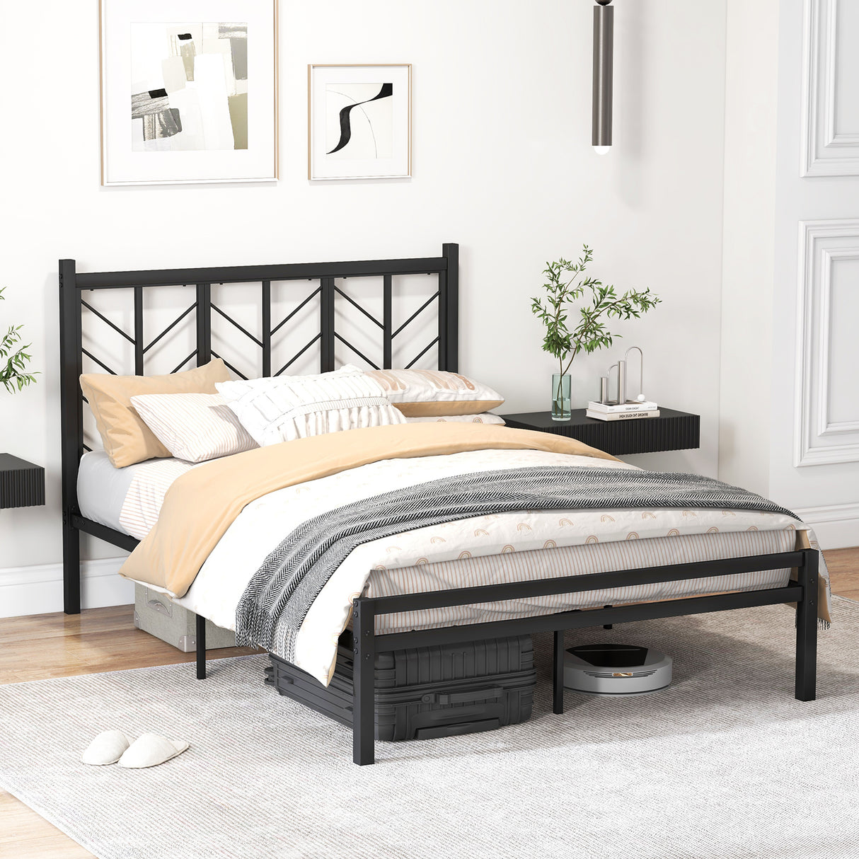 Twin Size Platform Bed with Headboard and Metal Frame