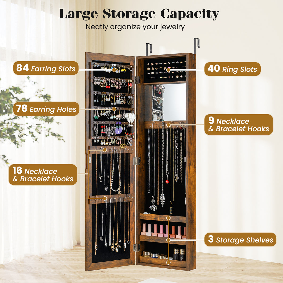 Full Length Mirror Jewelry Cabinet with Ring Slots and Necklace Hooks