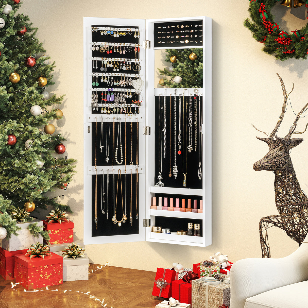 Full Length Mirror Jewelry Cabinet with Ring Slots and Necklace Hooks