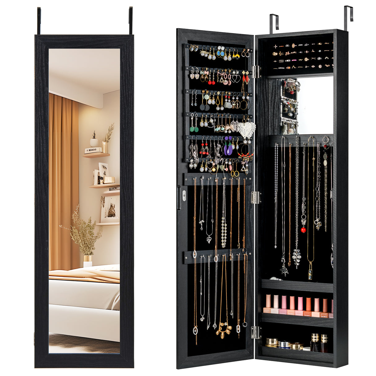 Full Length Mirror Jewelry Cabinet with Ring Slots and Necklace Hooks