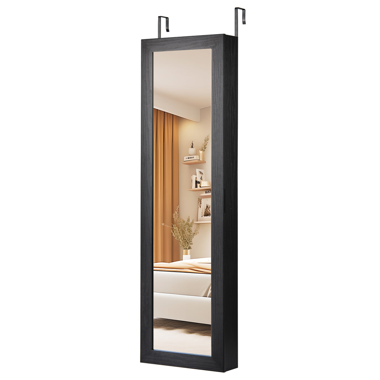 Full Length Mirror Jewelry Cabinet with Ring Slots and Necklace Hooks