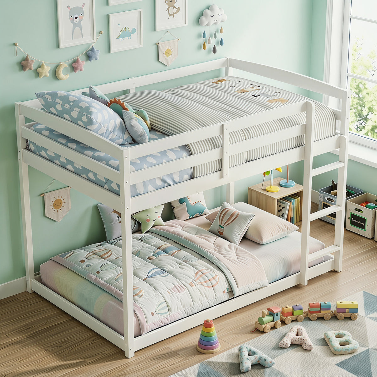 Full Over Full Bunk Bed with Integrated Ladder and Safety Guardrails Solid Wood