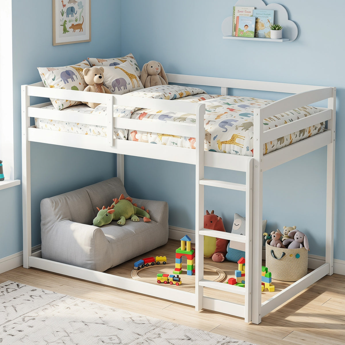 Full Over Full Bunk Bed with Integrated Ladder and Safety Guardrails Solid Wood