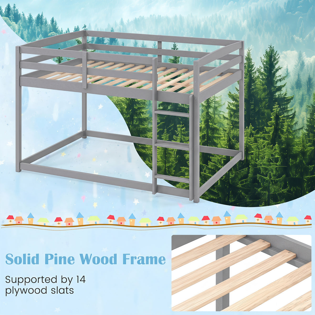 Full Over Full Bunk Bed with Integrated Ladder and Safety Guardrails Solid Wood